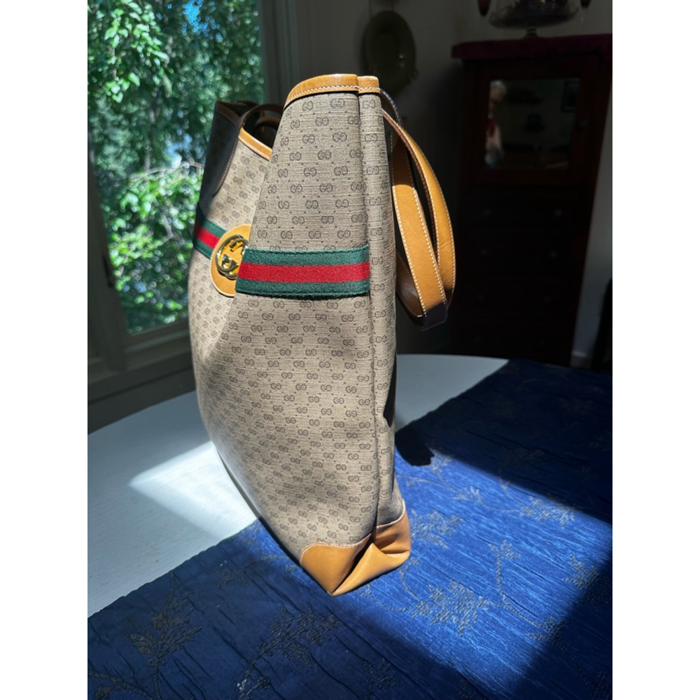 Gucci Tan Leather and Coated Canvas Sherry Line Micro GG Large Tote Bag - Picture 3 of 13